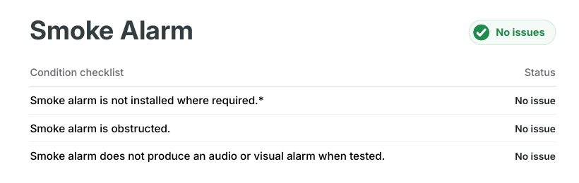 The Smoke Alarm standard in the PDF report, with No issue on each of its three rows