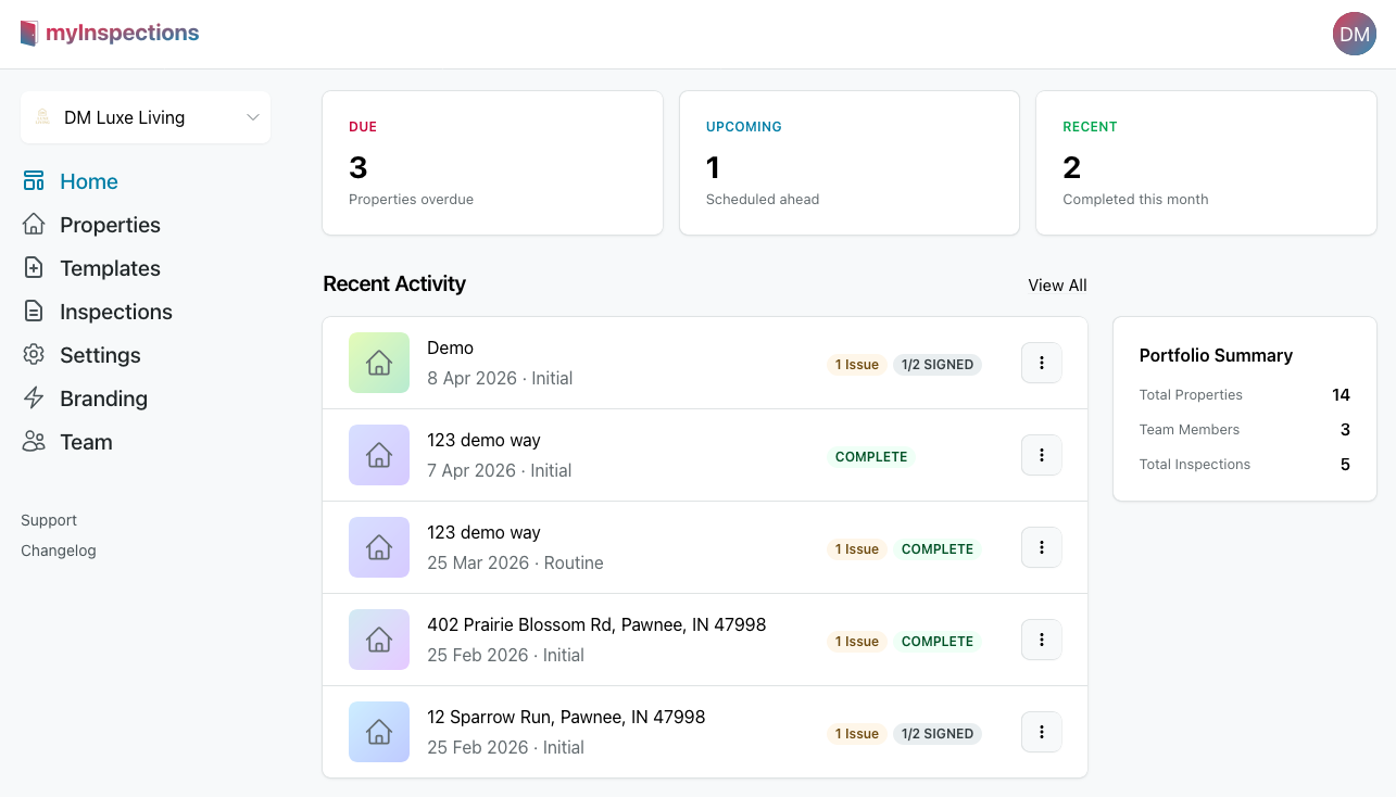 The myInspections web dashboard showing the whole portfolio at a glance